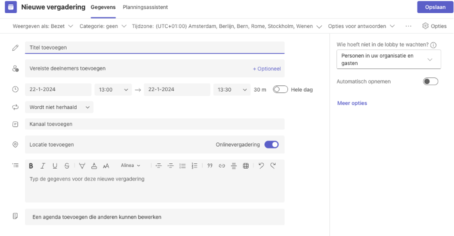 Teams meeting inplannen voorbeeld